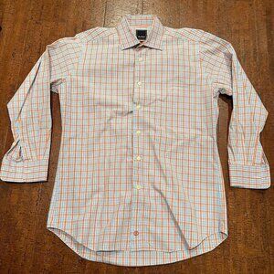 David Donahue Men’s Large Blue Orange Plaid Dress Shirt Trim Fit